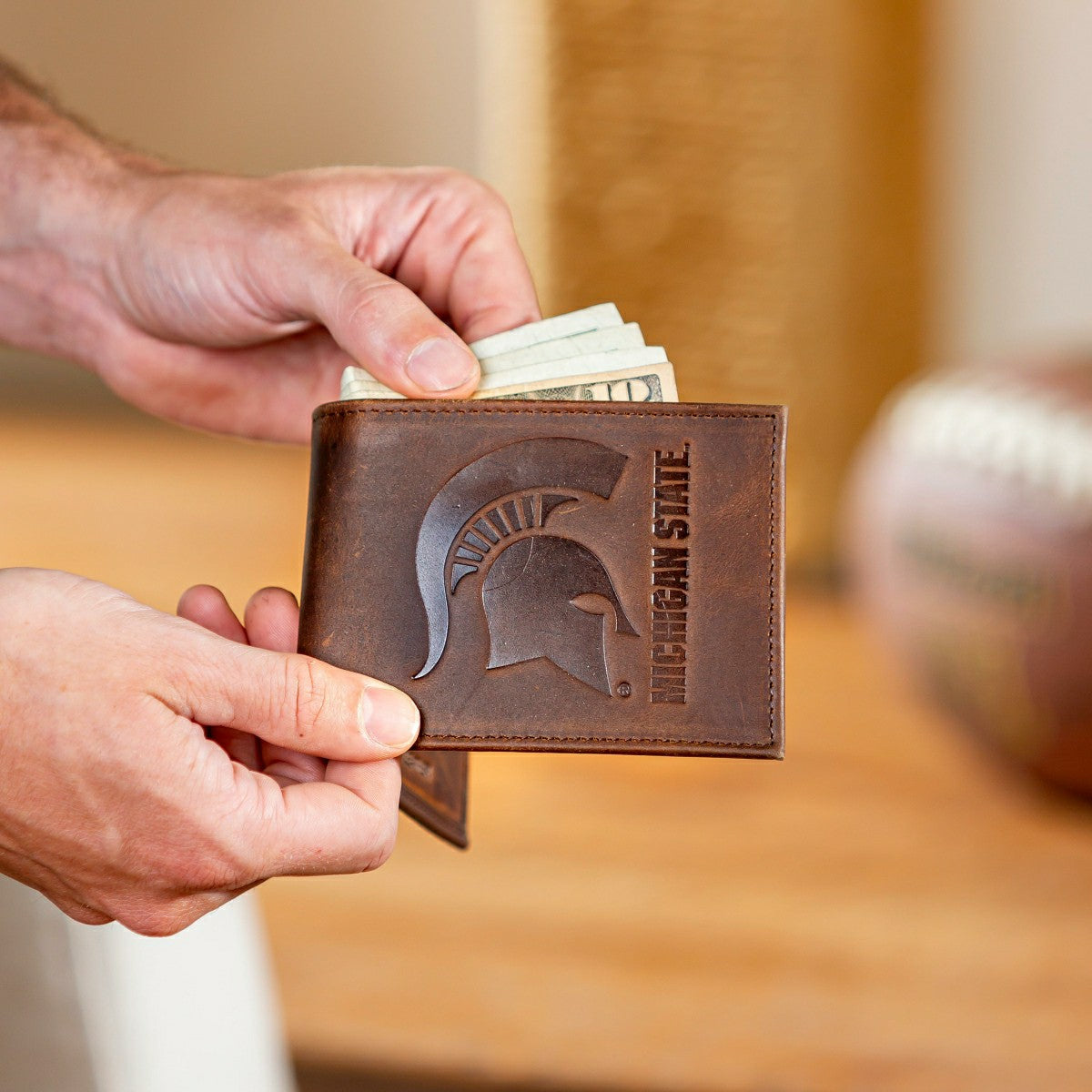 Michigan State, Bi-Fold Wallet, Brown, CH, 100% Genuine Leather, Collegiate, Home