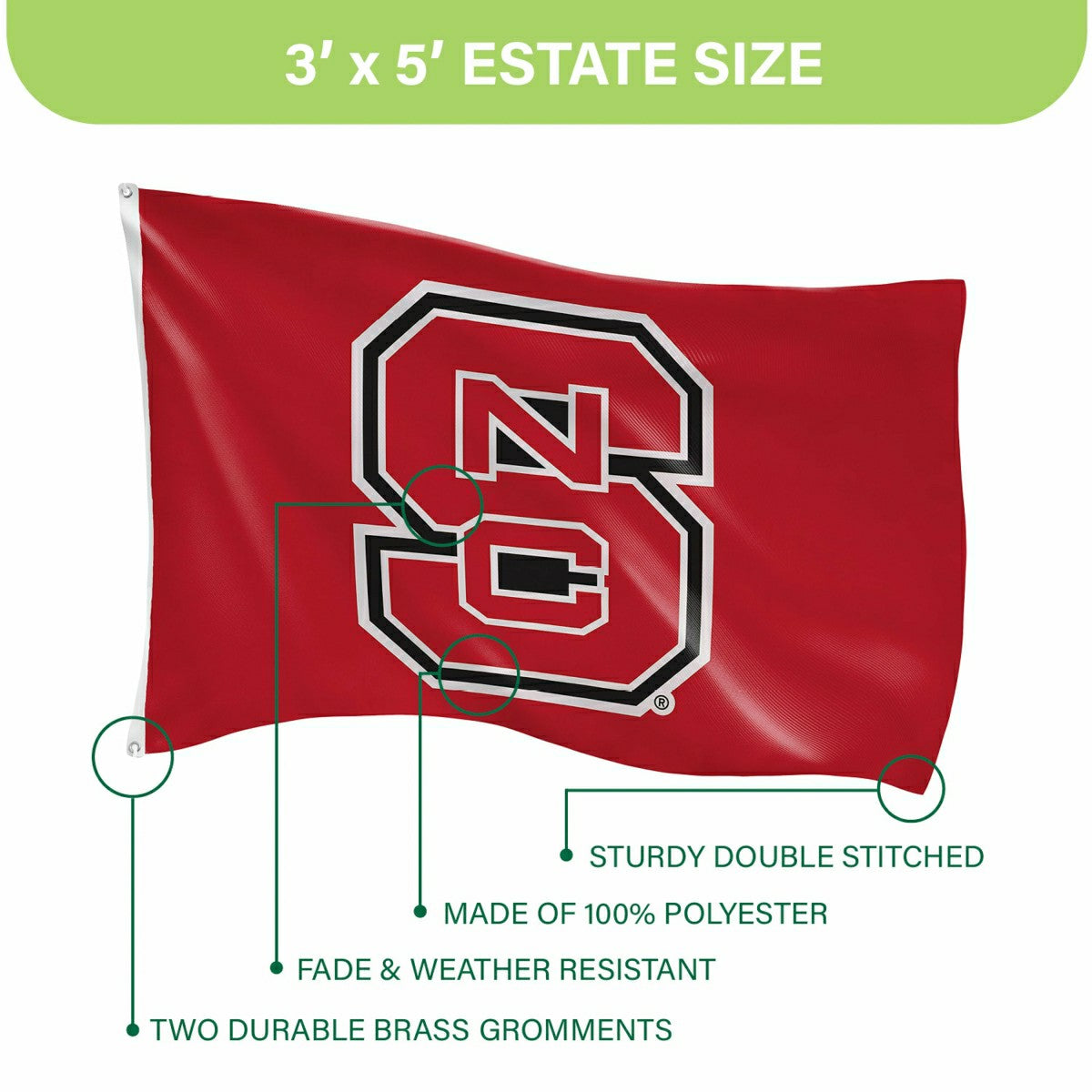 North Carolina State University Single Sided Flag w/ 2 Grommets, 3'x5', Collegiate, Home