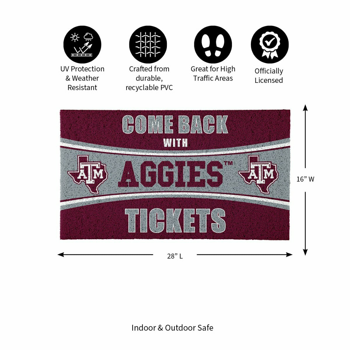 28" x 16" PVC Trapper Mat, Come Back with Tickets, Texas A&M, Collegiate