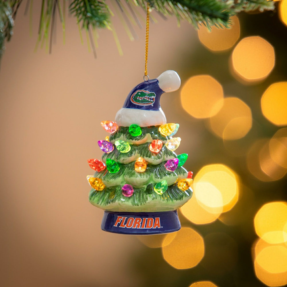 4" LED Ceramic Christmas Tree Ornament with Team Santa Hat, University, Collegiate, Home