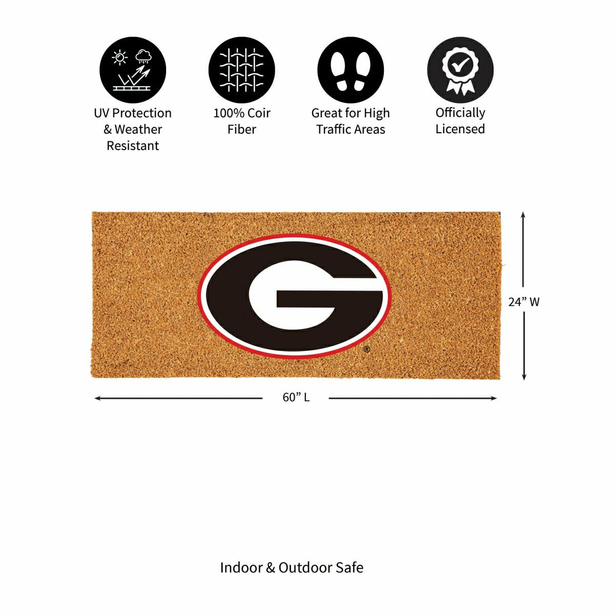 University of Georgia Extra Large Full Color Coir Mat, 60"x24", Collegiate