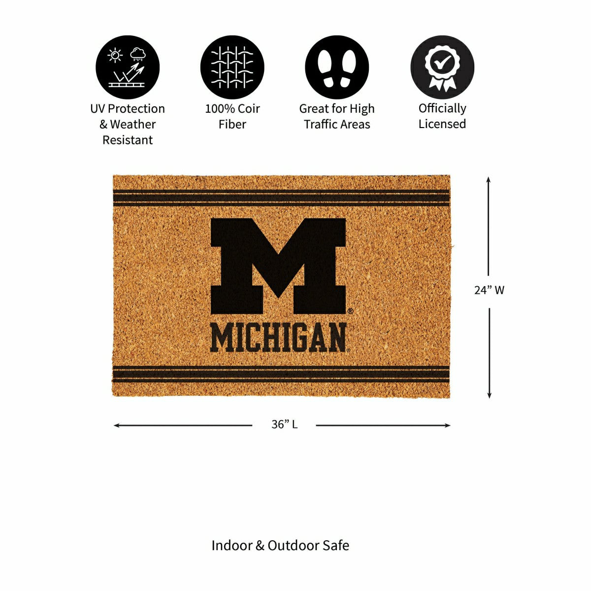 University Of Michigan Large One Color Coir Mat, 36"x24", Collegiate