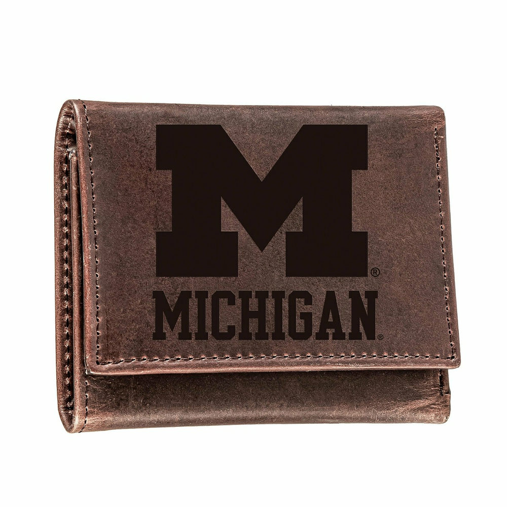 University of Michigan, Tri-Fold Wallet, Brown, CH, 100% Genuine Leath, Collegiate, Home