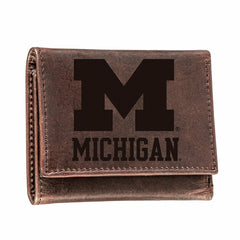 University of Michigan, Tri-Fold Wallet, Brown, CH, 100% Genuine Leath, Collegiate, Home