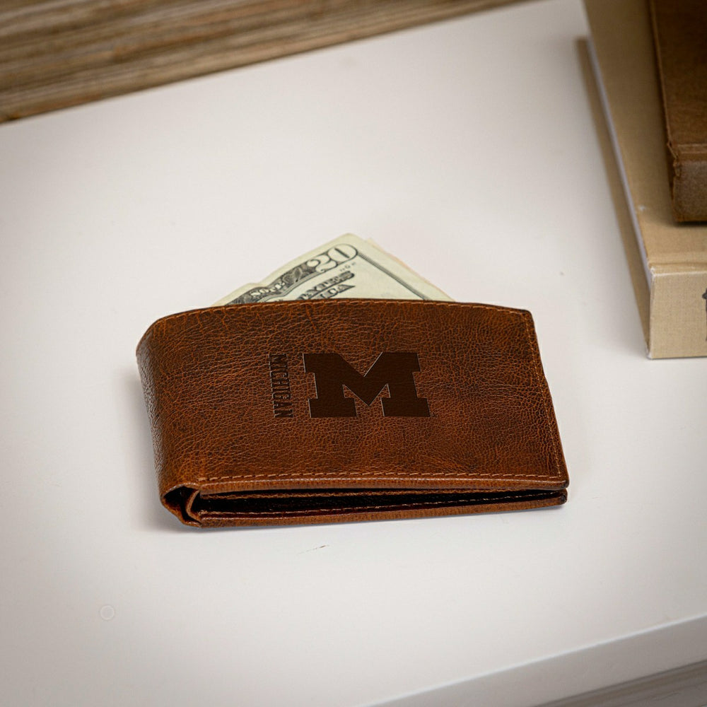 University Of Michigan, Embossed 100% Genuine Tumbled Leather Passcase, Collegiate, Home