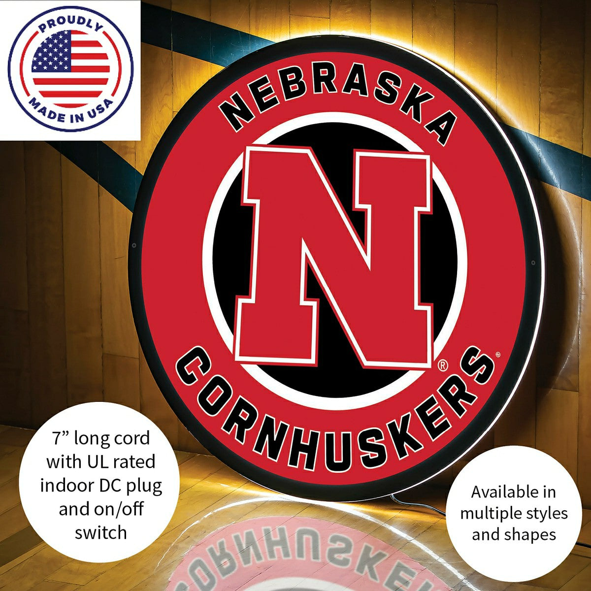 LED Wall Decor, Round, University of Nebraska, Collegiate, Home