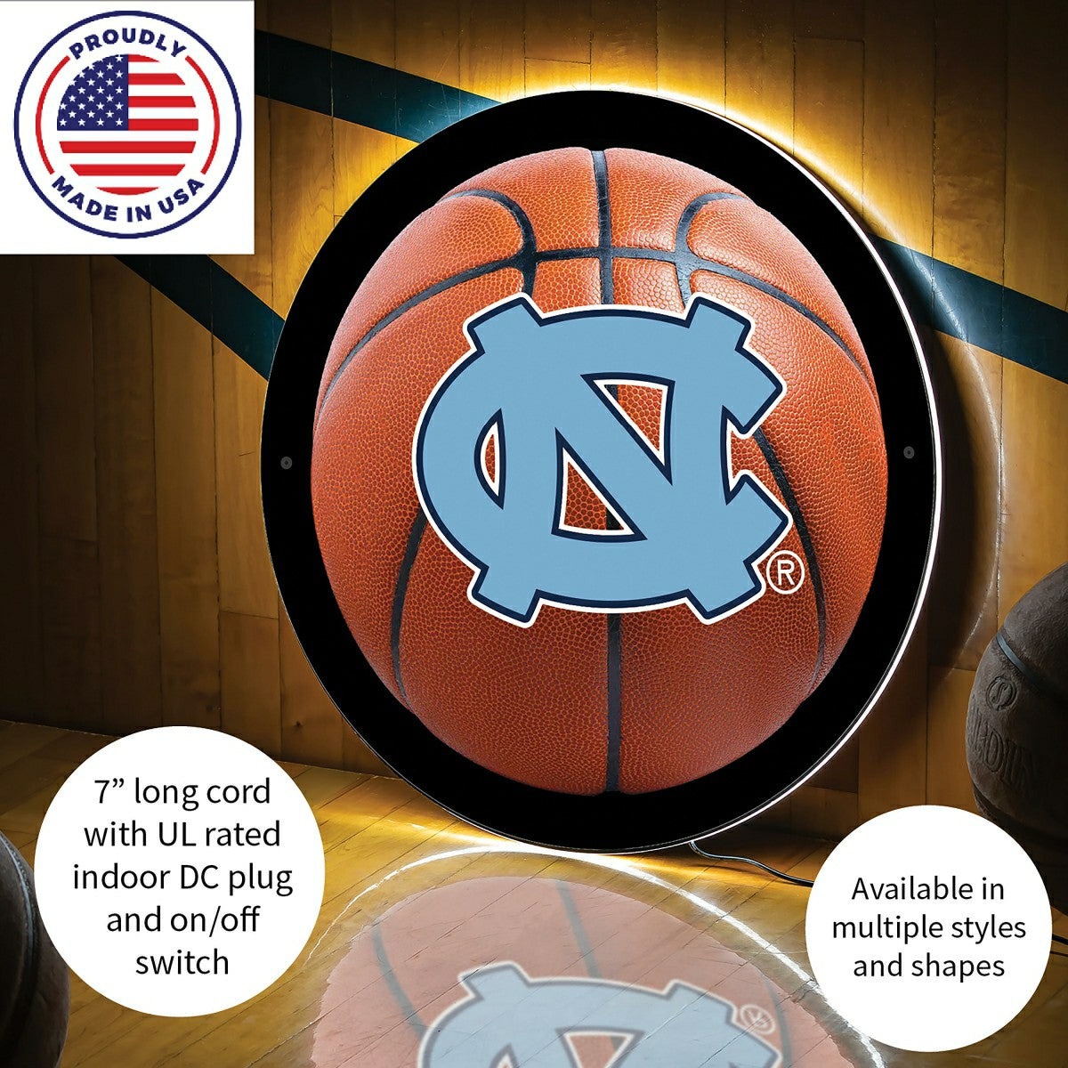 LED Wall Decor, Round, Med, UNC, Basketball, Collegiate, Home