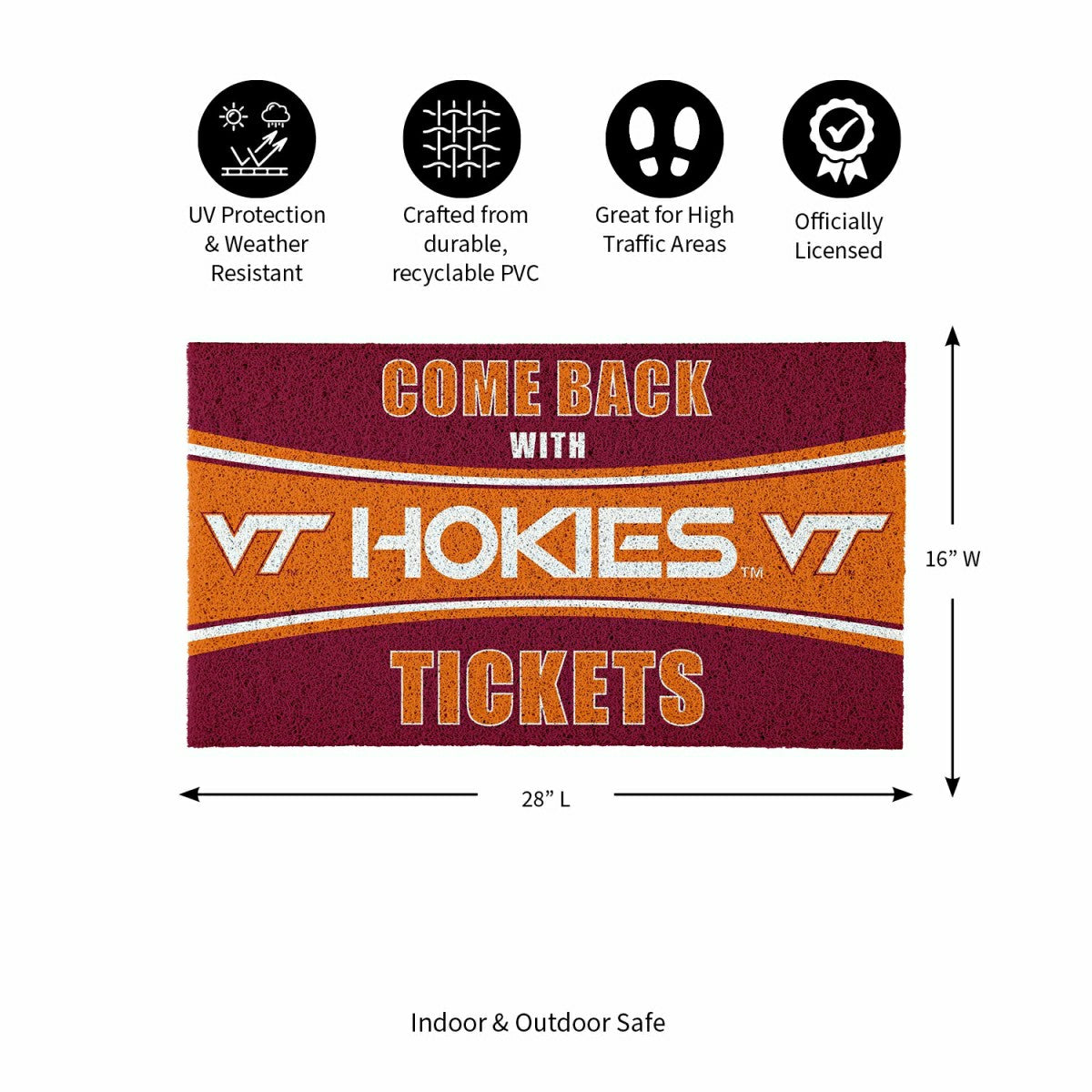 28" x 16" PVC Trapper Mat, Come Back with Tickets, Virginia Tech, Collegiate
