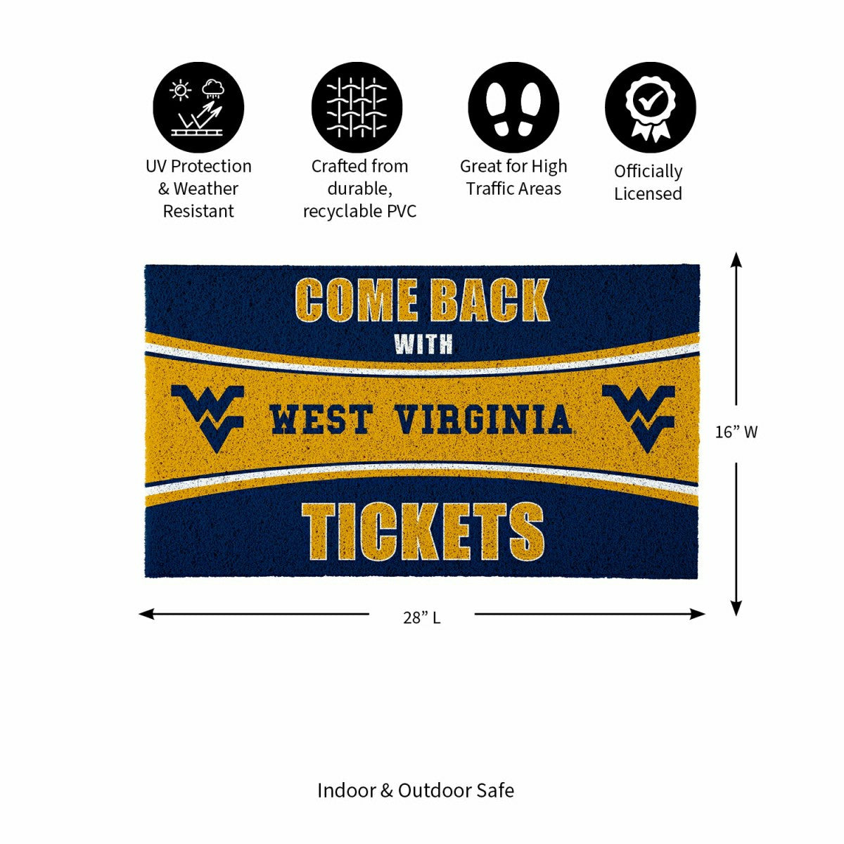 28" x 16" PVC Trapper Mat, Come Back with Tickets, West Virginia Unive, Collegiate