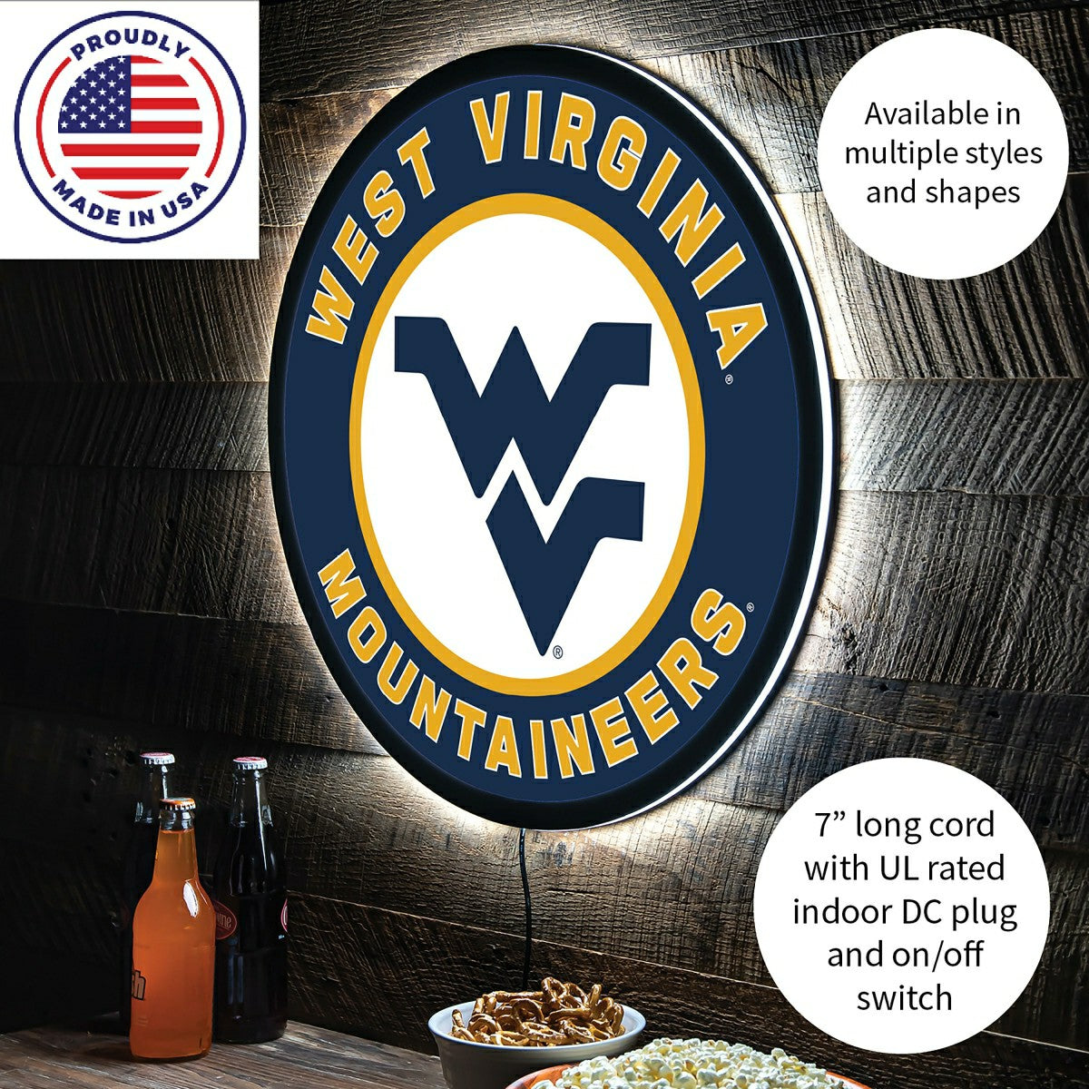 LED Wall Decor, Round, West Virginia University, Collegiate, Home