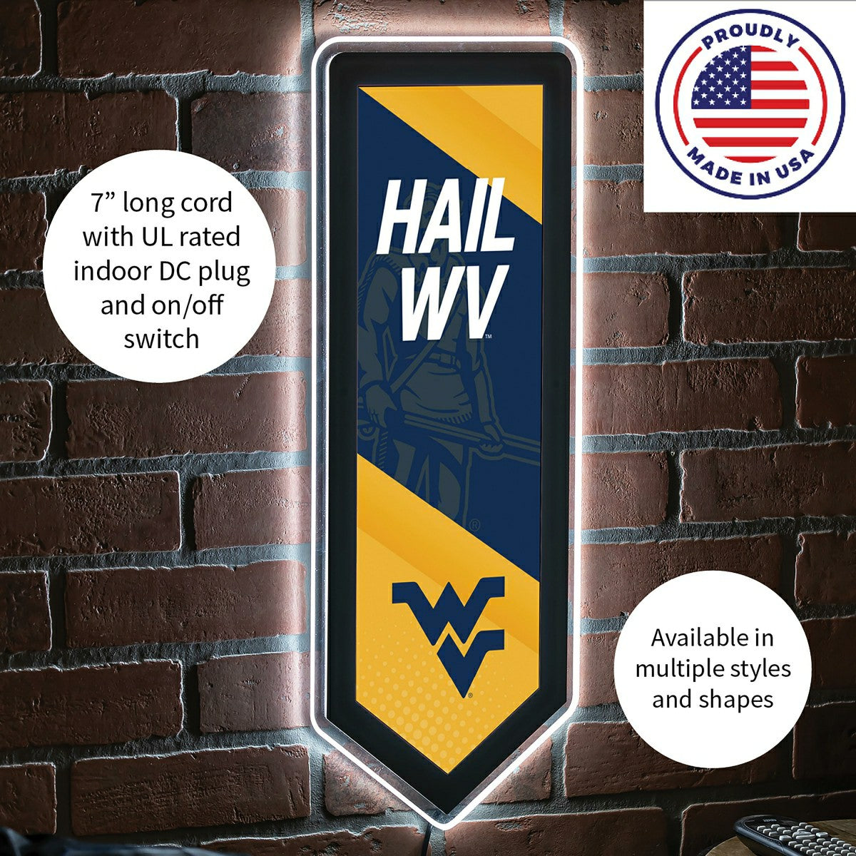 LED Wall Decor, Pennant, West Virginia University, Collegiate, Home