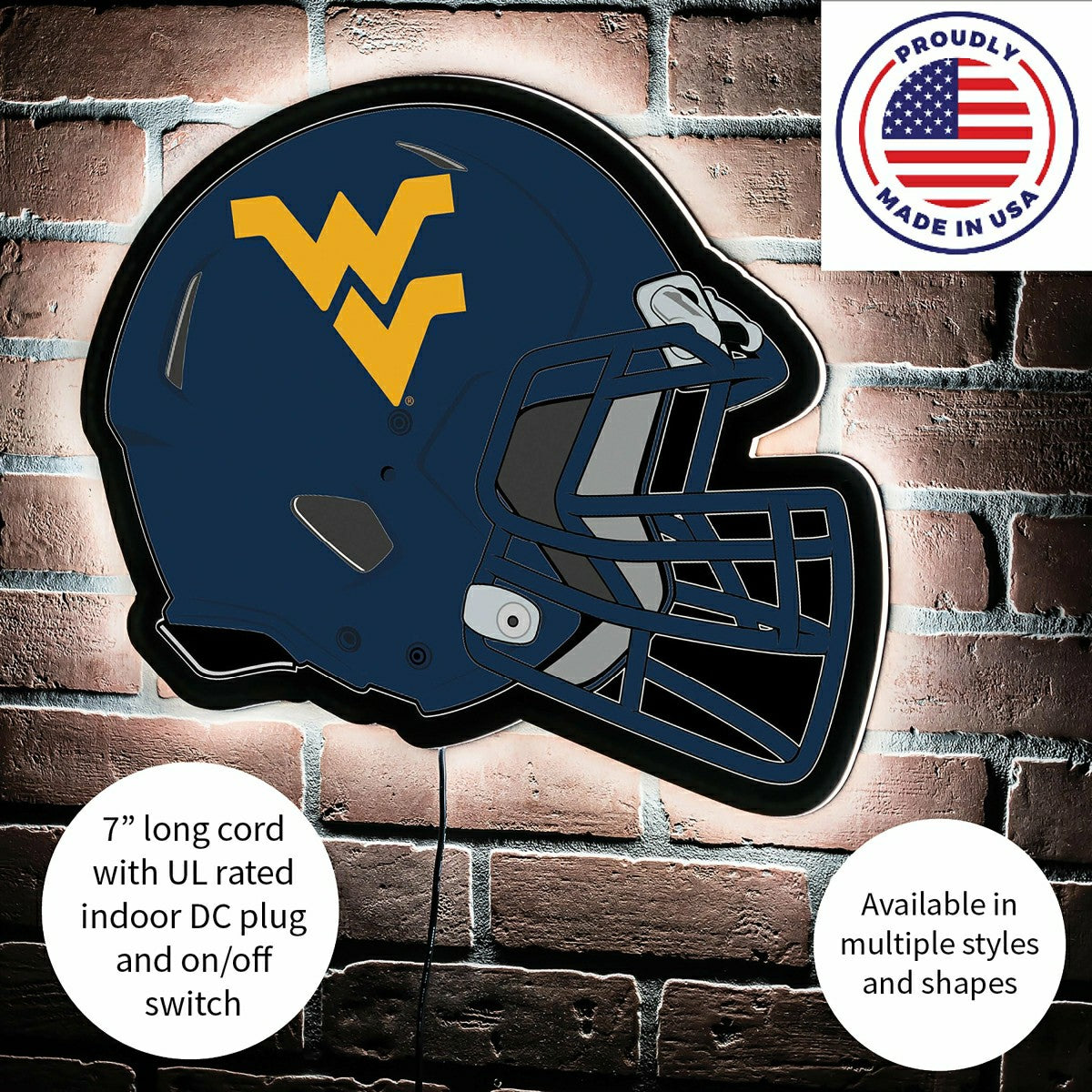 LED Wall Decor, Helmet, West Virginia University, Collegiate, Home
