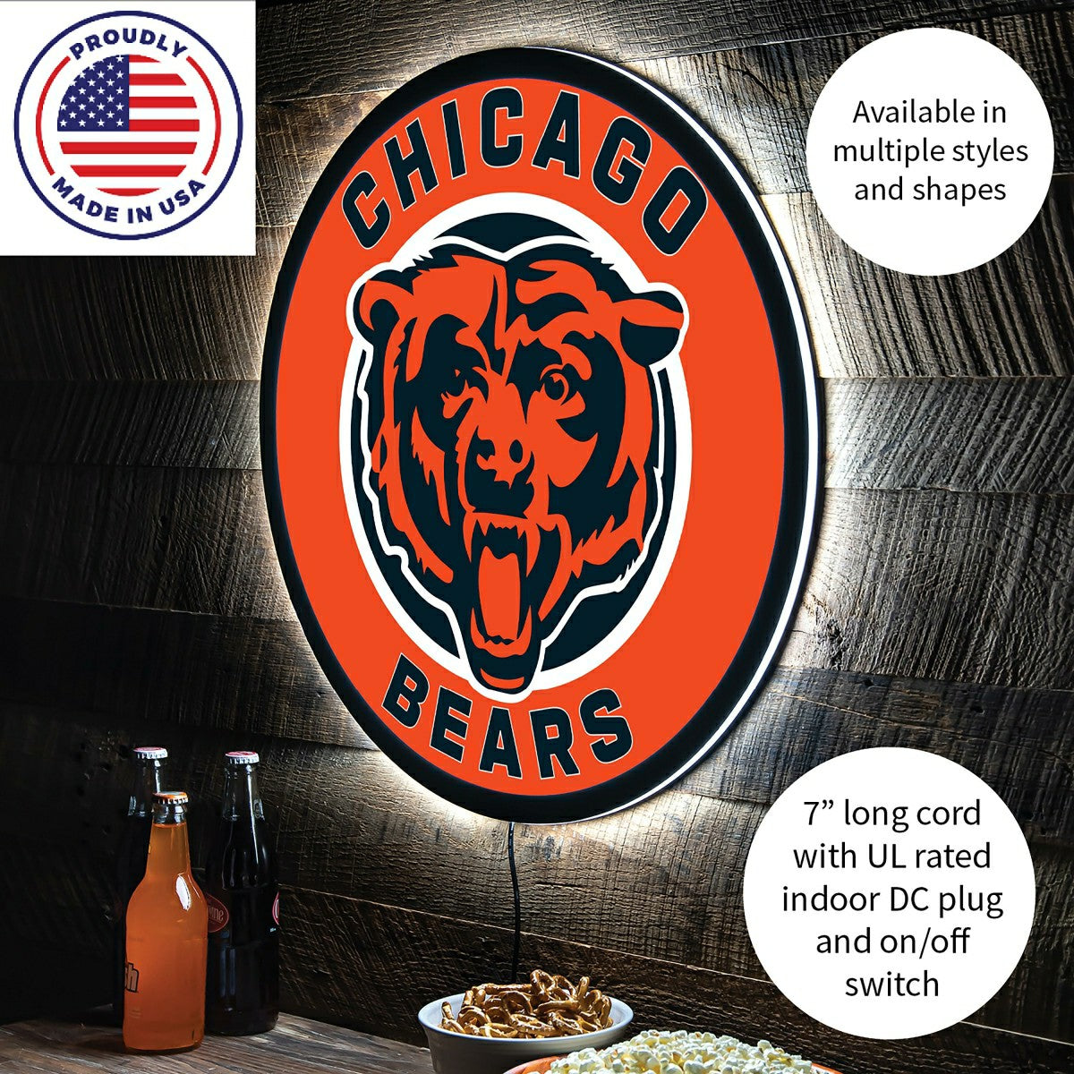 LED Wall Decor, Round, Chicago Bears, NFL, Home