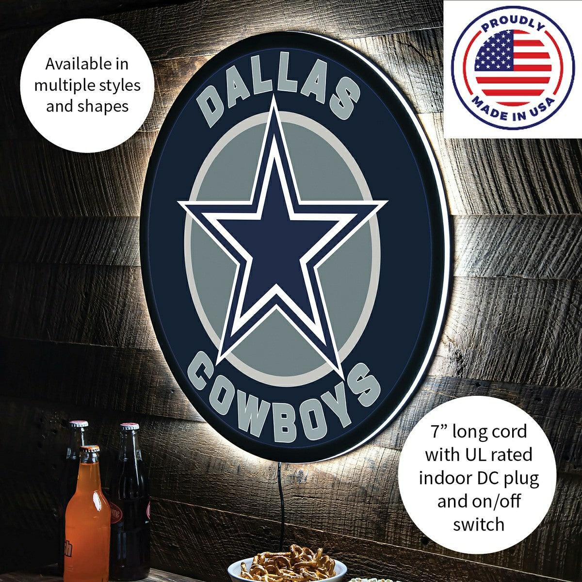 LED Wall Decor, Round, Dallas Cowboys, NFL, Home