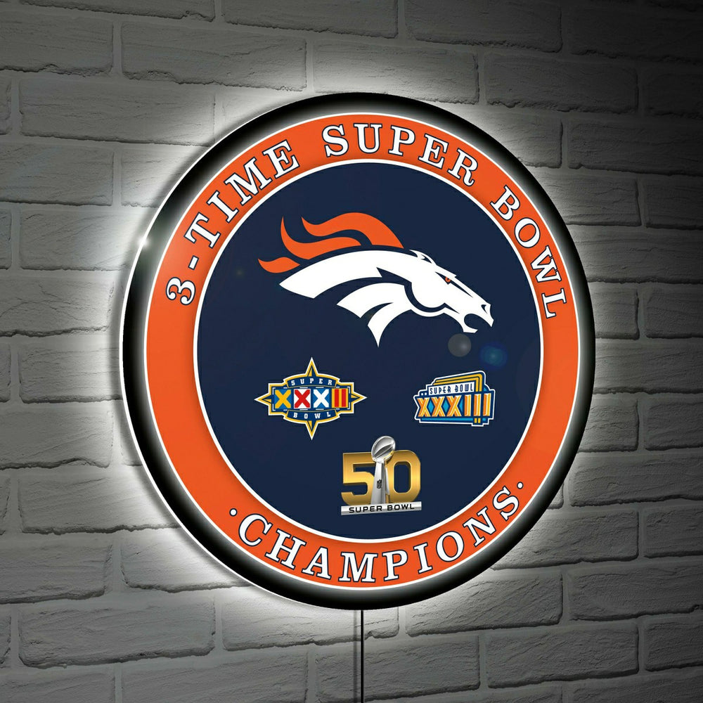 Denver Broncos 3X Superbowl Champions Football Round LED Wall Decor, NFL, Home