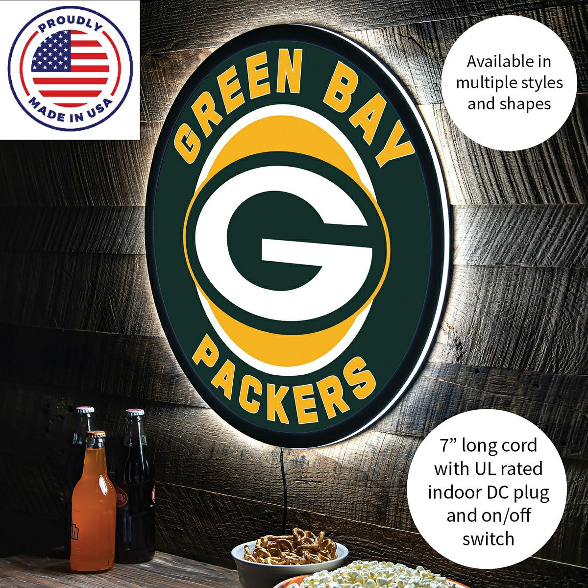 LED Wall Decor, Round, Green Bay Packers, NFL, Home
