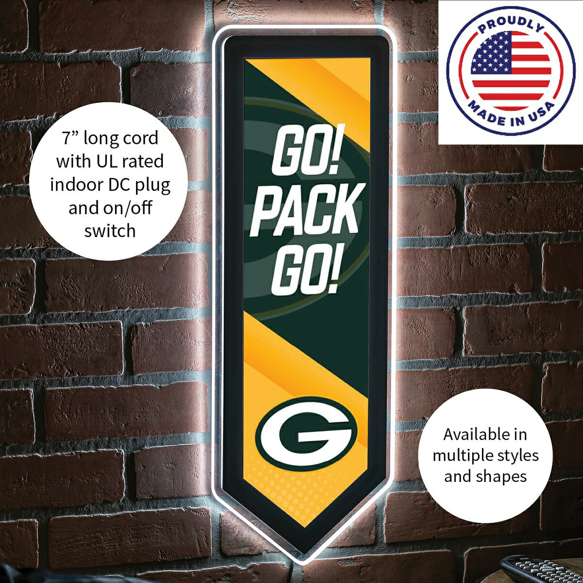 LED Wall Decor, Pennant, Green Bay Packers, NFL, Home