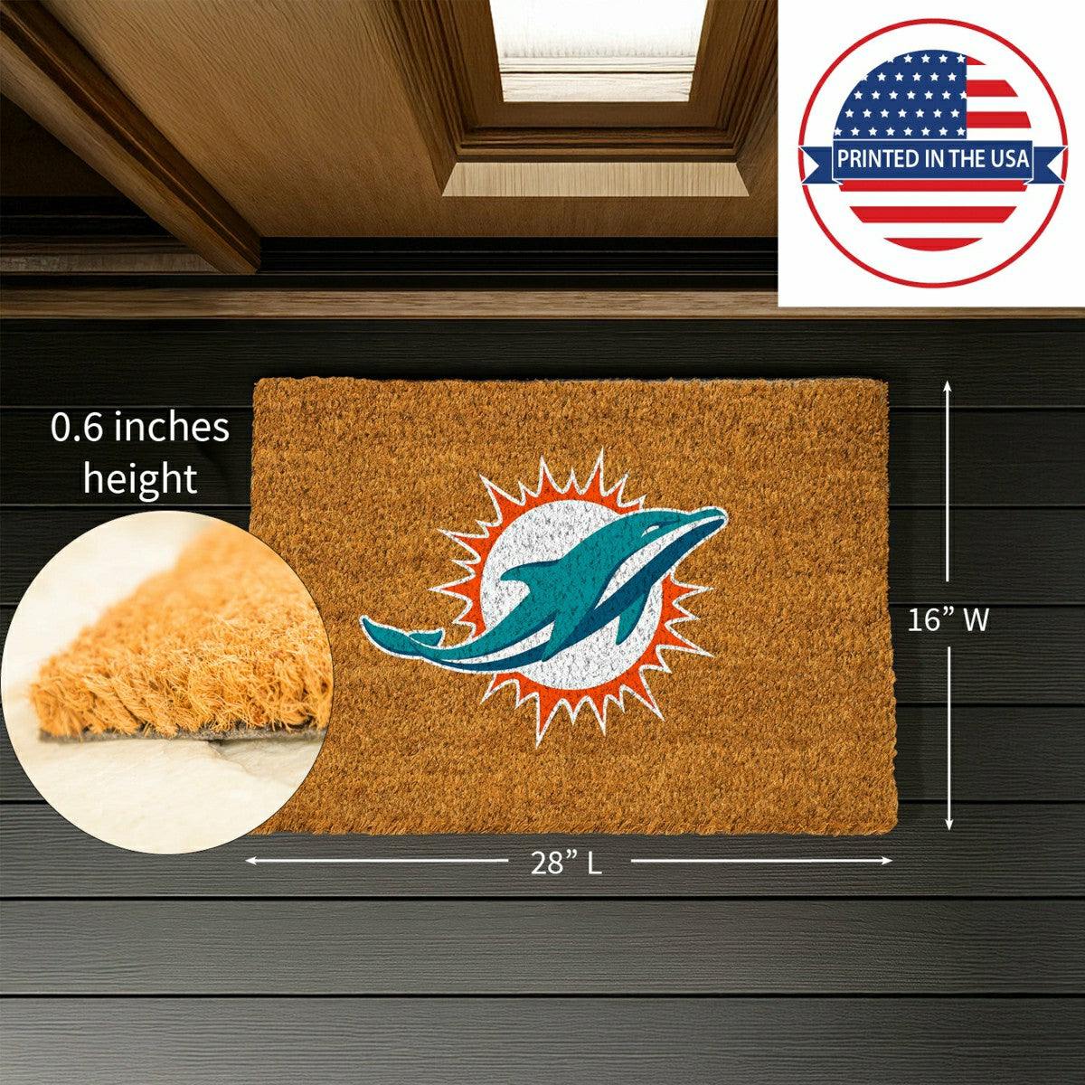 Coir Mat, 16"x28", Miami Dolphins, NFL