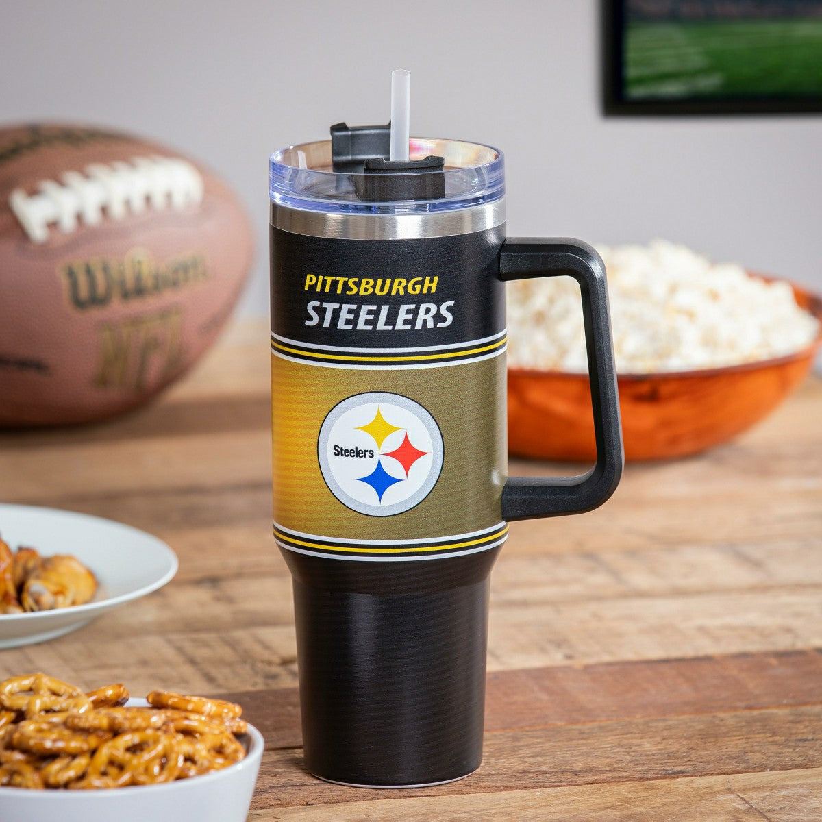 40oz Stainless Steel Canyon Cup w/ Straw, Pittsburgh Steelers, NFL, Home